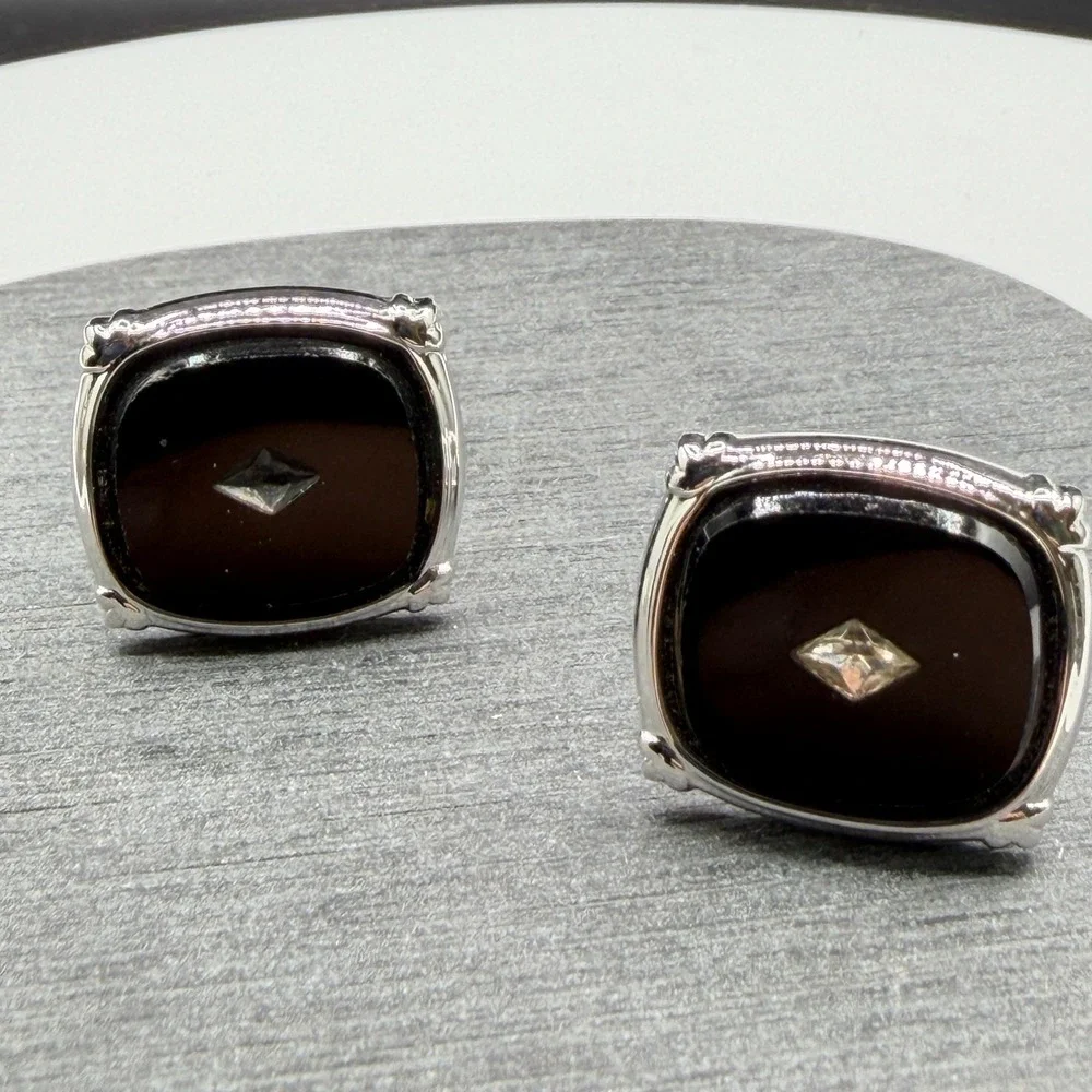 Black Stone Cufflinks Silver Tone Square Rhinestone Formal Wedding Gift for Him